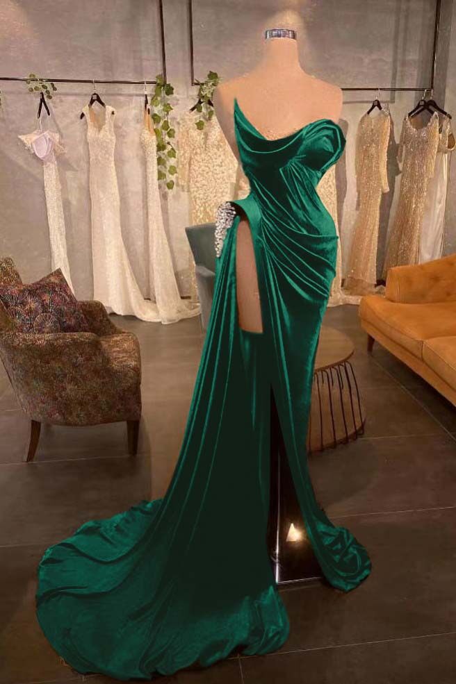 Strapless Sleeveless Long Prom Dress With High Split Pleated Beading
