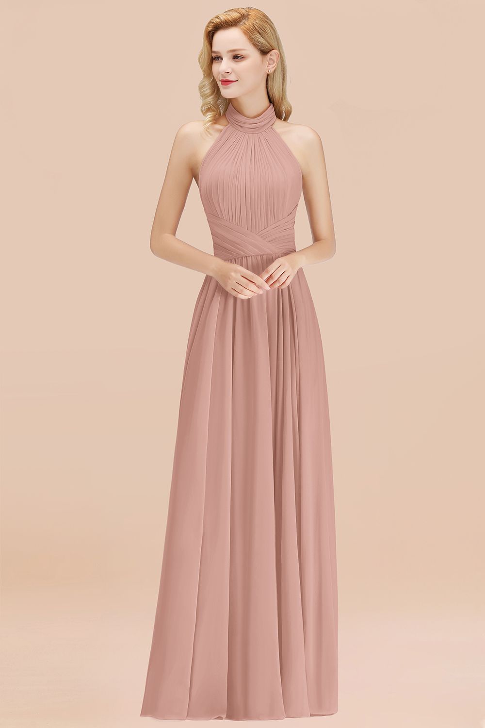 BMbridal Gorgeous High-Neck Halter Backless Bridesmaid Dress Dusty Rose Chiffon Maid of Honor Dress-BMbridal
