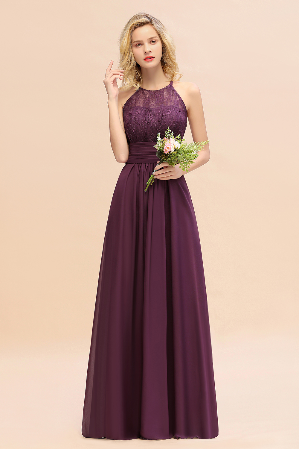 BMbridal Elegant Halter Ruffles Sleeveless Grape Lace Bridesmaid Dresses Affordable-BMbridal