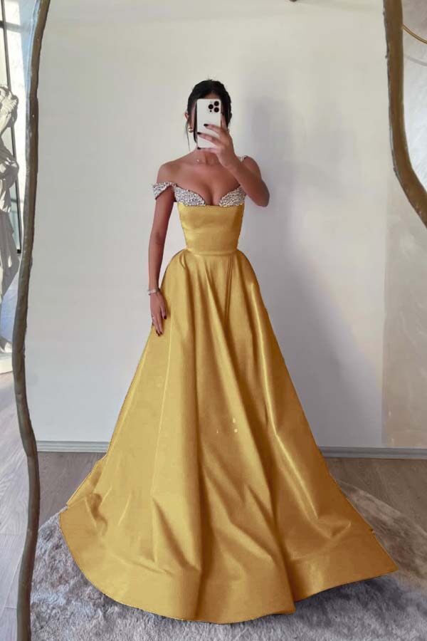 Off the Shoulder Sleeveless Long Prom Dress With Beading Pleated