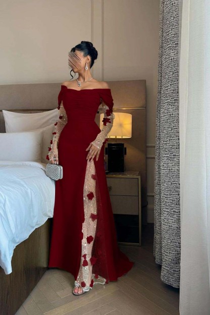 Off the Shoulder Long Sleeves Long Prom Dress With Split Appliques