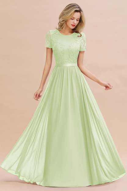 BMbridal Elegant Chiffon Lace Jewel Short-Sleeves Affordable Bridesmaid Dress-BMbridal