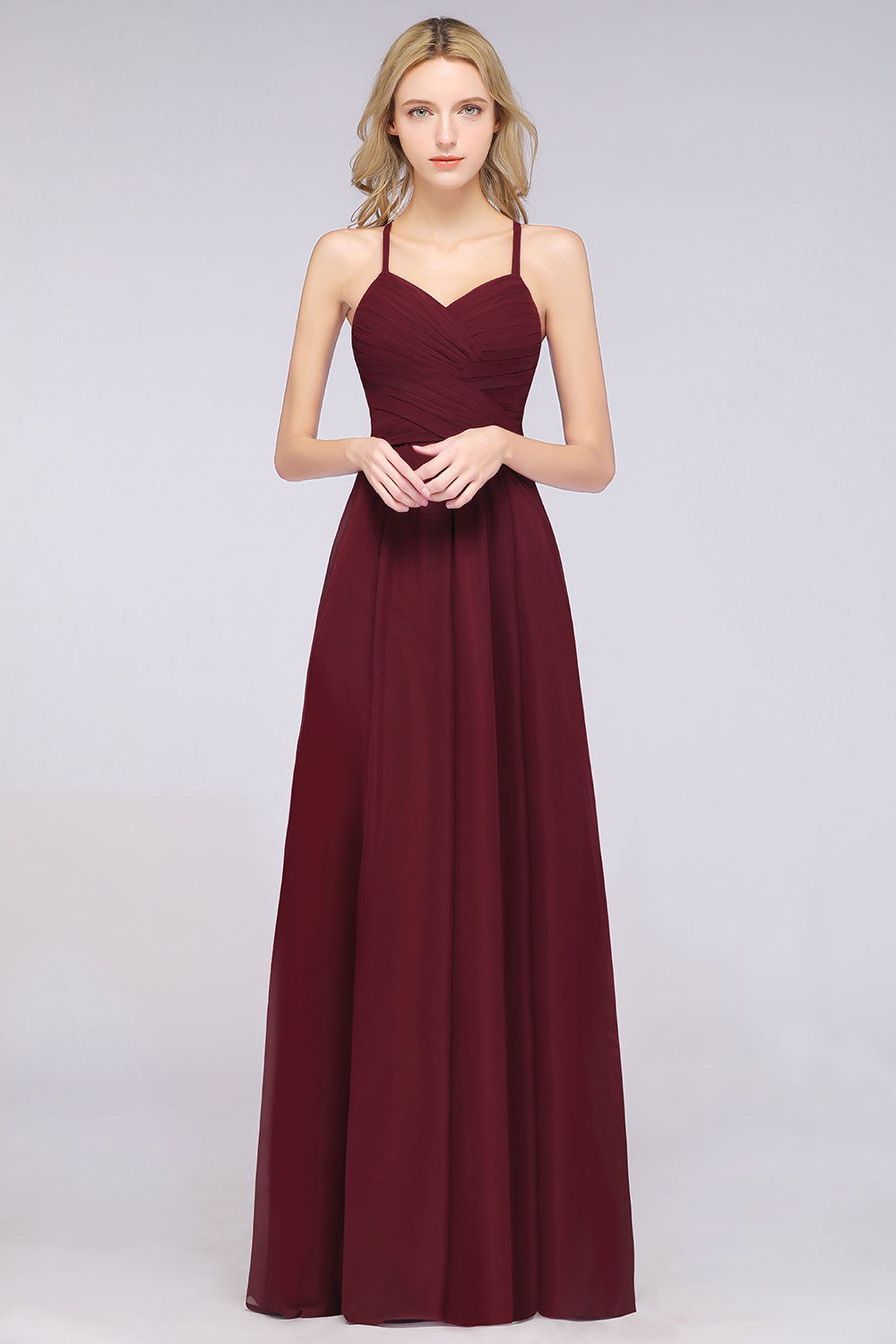 BMbridal Affordable Spaghetti Straps V-Neck Burgundy Chiffon Bridesmaid Dress with Keyhole Back-BMbridal