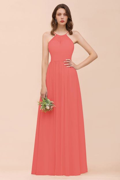 BMbridal Gorgeous Chiffon Halter Ruffle Affordable Long Bridesmaid Dress-BMbridal