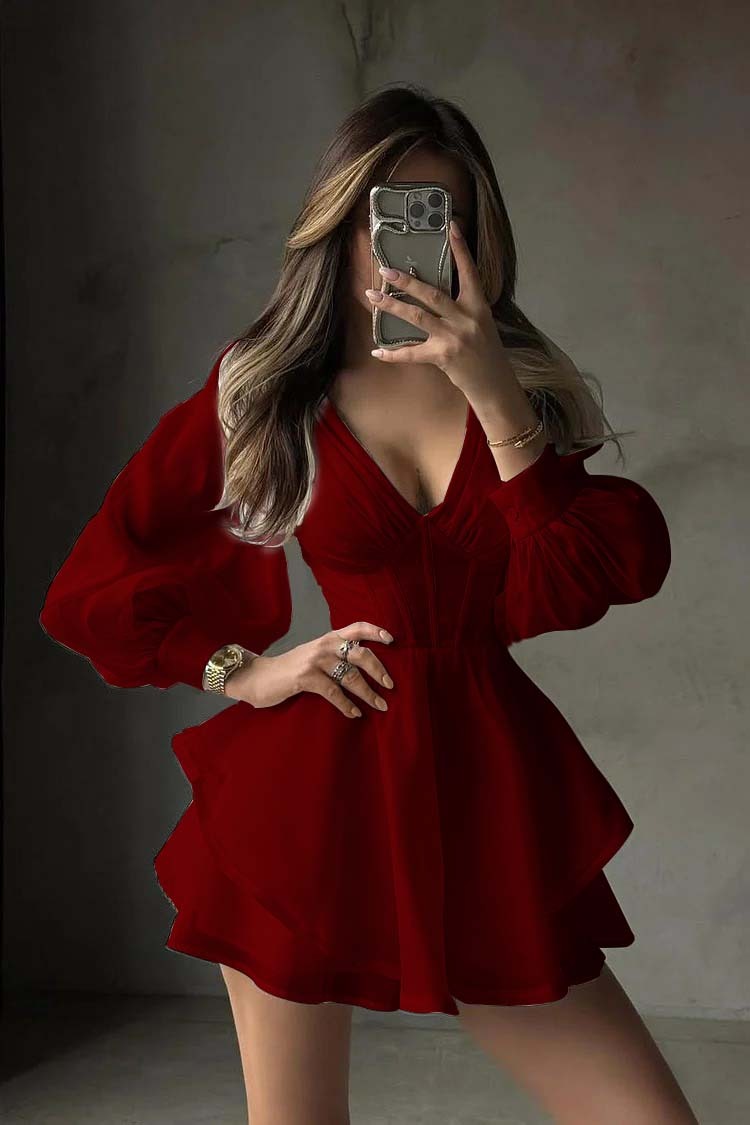 White Long Sleeves V Neck Short Prom Dress With Ruffles Pleated