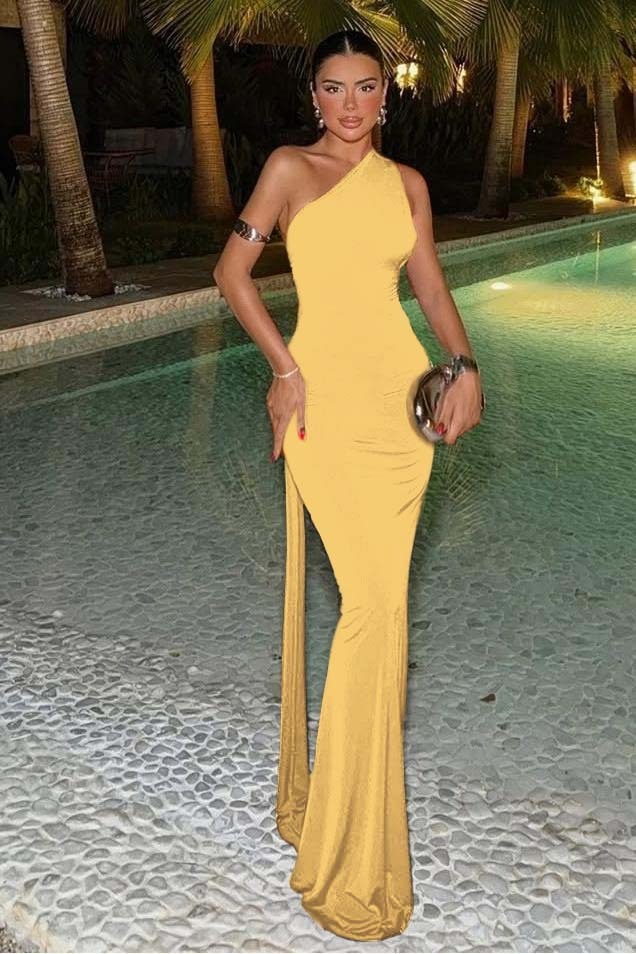 One Shoulder Sleeveless Mermaid Long Prom Dress With Ruffles