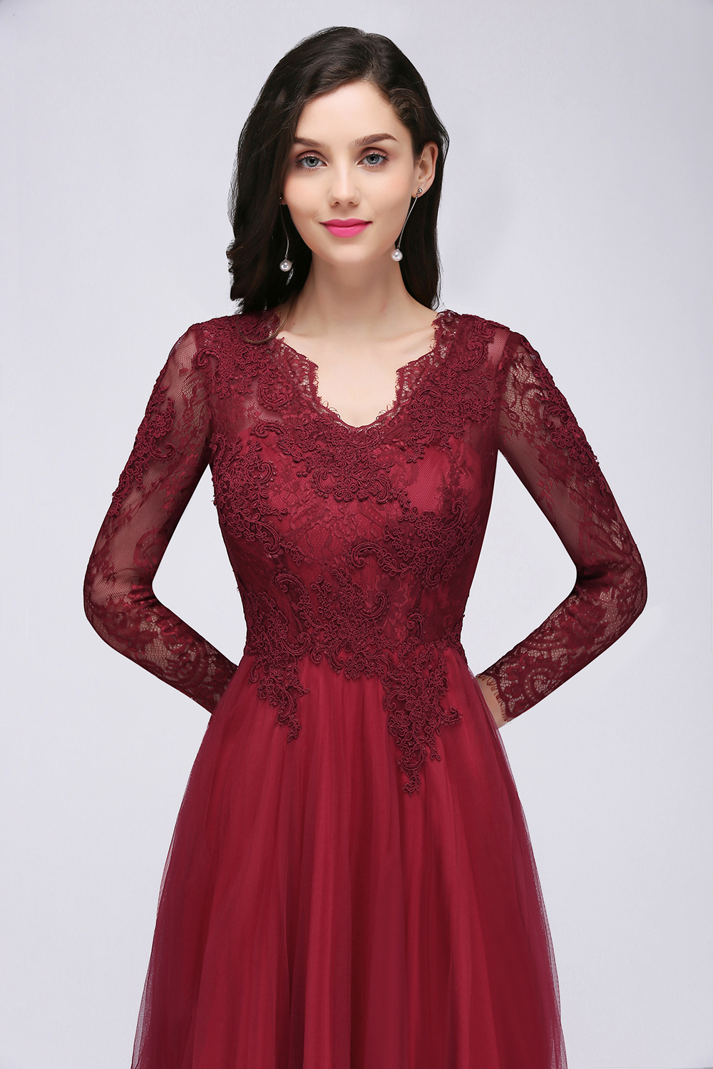 BMbridal Affordable Long Sleeves V-Neck Lace Burgundy Bridesmaid Dresses with Appliques-BMbridal