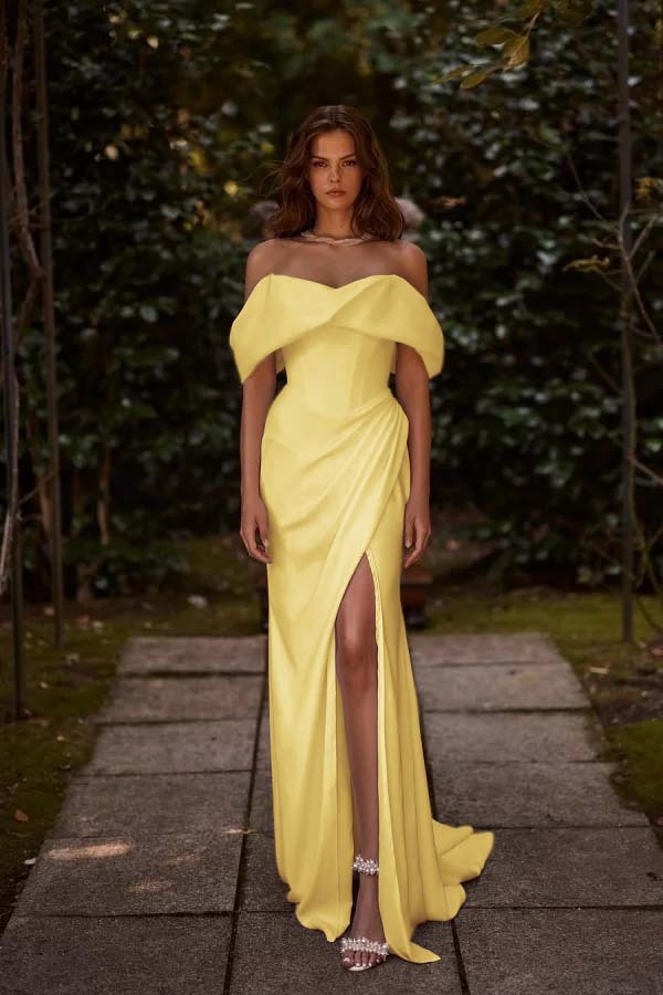 Off the Shoulder Sleeveless Long Mermaid Prom Dress With Split Pleated