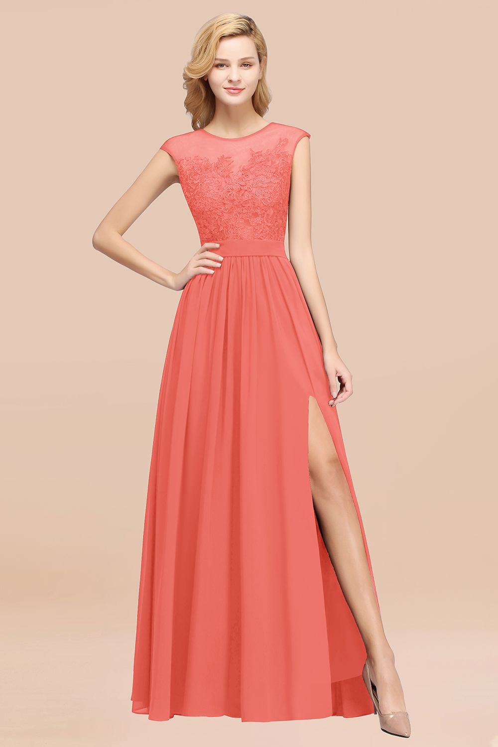 BMbridal Affordable Scoop Lace Appliques Yellow Bridesmaid Dresses with Slit-BMbridal