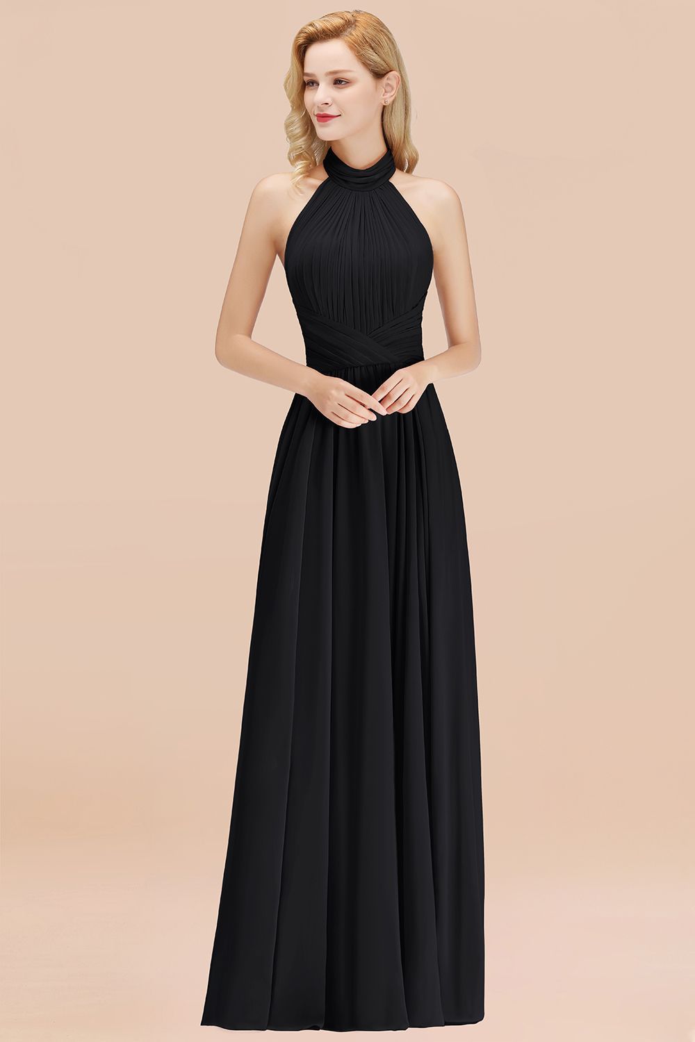 BMbridal Gorgeous High-Neck Halter Backless Bridesmaid Dress Dusty Rose Chiffon Maid of Honor Dress-BMbridal