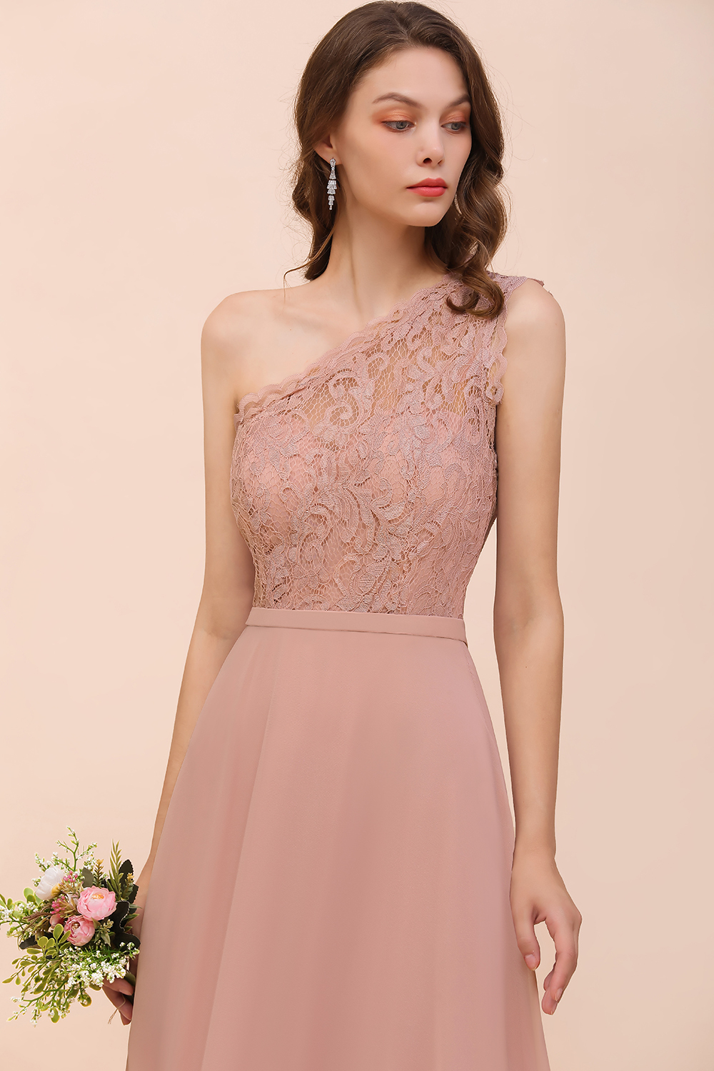 BMbridal New Arrival Dusty Rose One Shoulder Lace Long Bridesmaid Dress-BMbridal