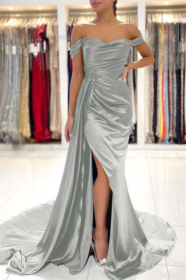 Mermaid Dark Green Pleated Off the Shoulder Long Prom Dress Split With Ruffles