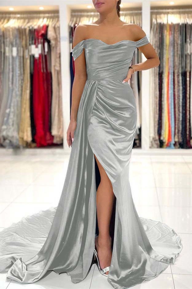 Mermaid Dark Green Pleated Off the Shoulder Long Prom Dress Split With Ruffles