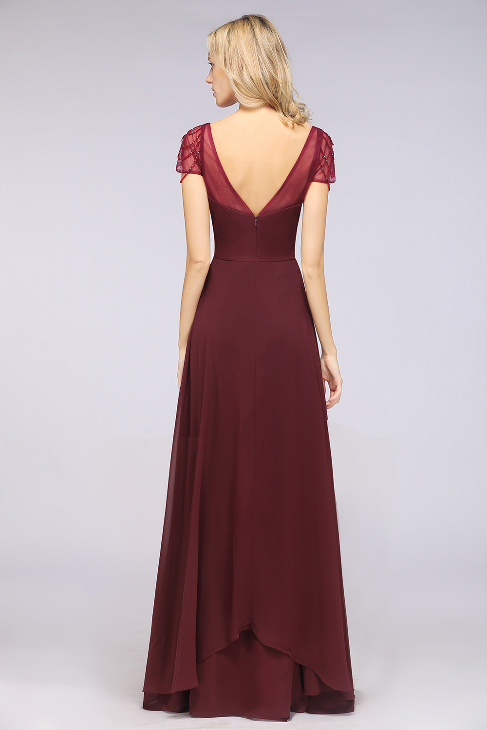 BMbridal Chic Chiffon Sweetheart Cap-Sleeves Ruffle Bridesmaid Dresses with Beadings-BMbridal