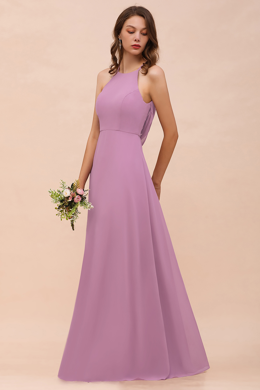 BMbridal Gorgeous Halter Wisteria Chiffon Bridesmaid Dresses with Draped Back-BMbridal