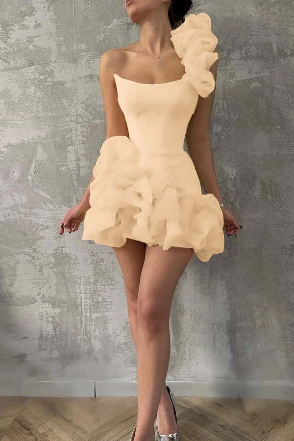 One Shoulder Sleeveless Short Prom Dress With Pleated Tulle