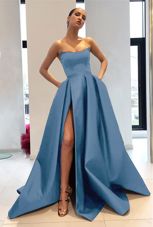 Chic Strapless Burgundy Sleeveless A Line Long Prom Dress With Front Split