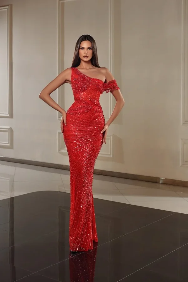 One Shoulder Sleeveless Long Mermaid Prom Dress With Beading