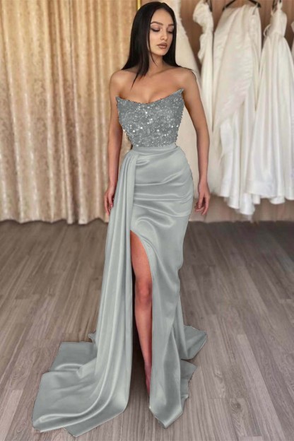 Red Strapless Elegant Sleeveless Long Sequins Prom Dress Mermaid Side Split