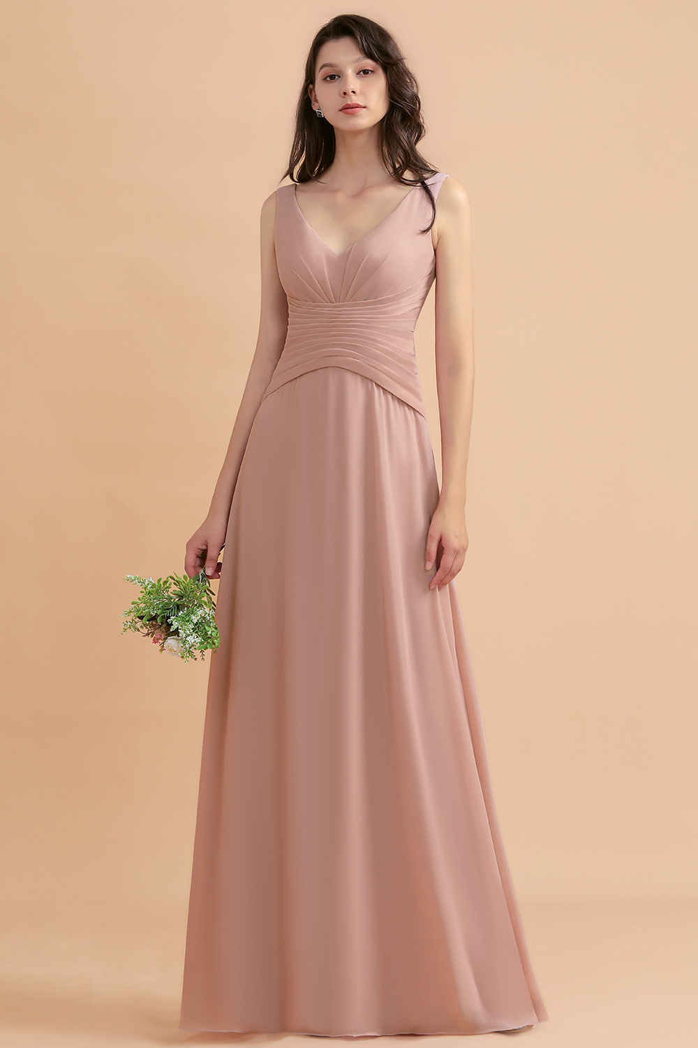 BMbridal V-Neck Dusty Rose Chiffon Bridesmaid Dress with Ruffles-BMbridal