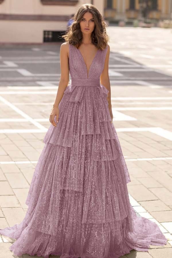 Tulle Straps V Neck Sleeveless Long Prom Dress With Sequin Pleated