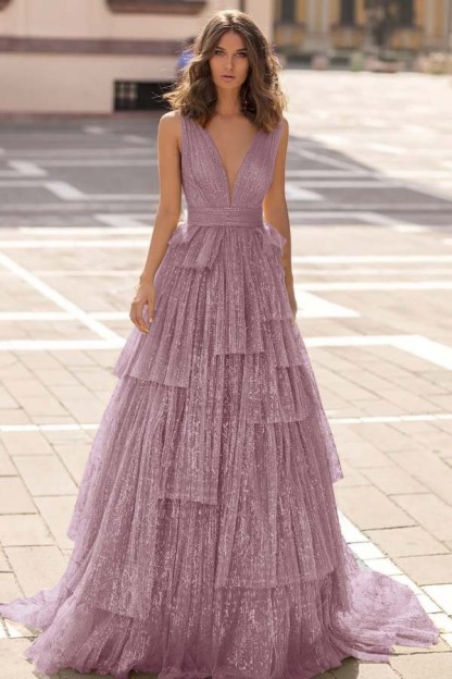 Tulle Straps V Neck Sleeveless Long Prom Dress With Sequin Pleated