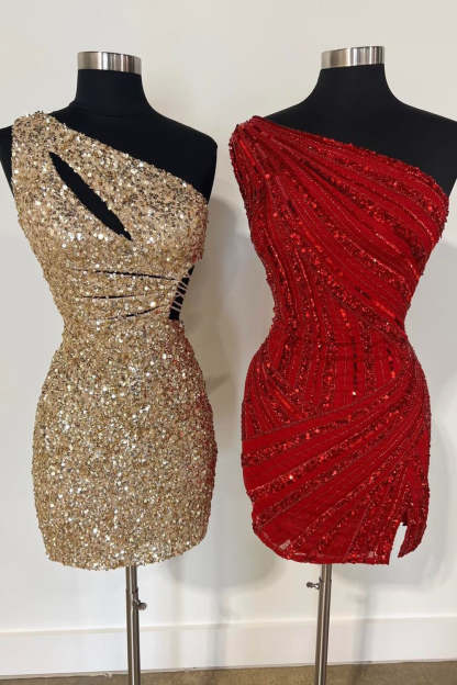 Sparkly Purple One Shoulder Cut Out Sequins Tight Short Homecoming Dress