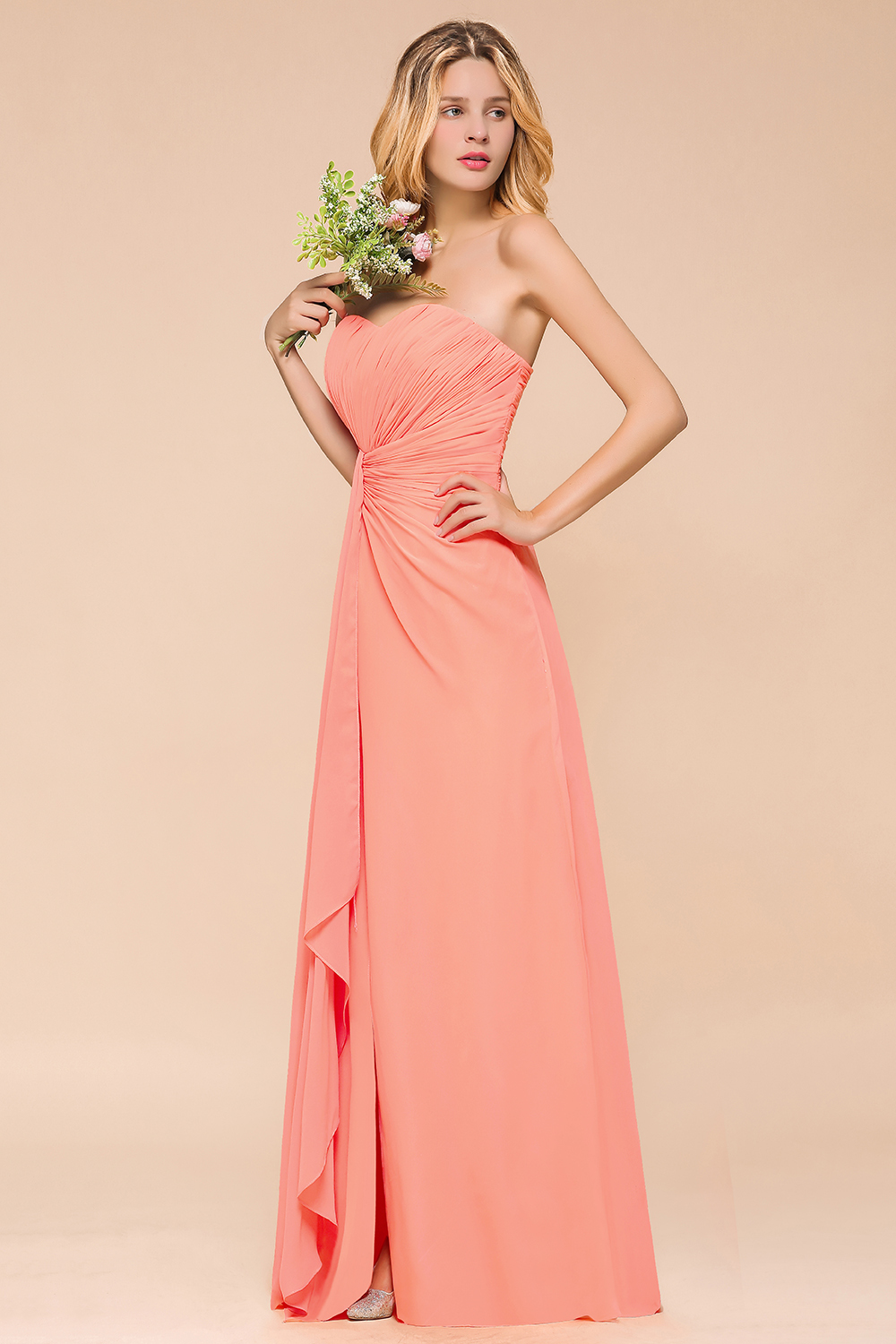 BMbridal Stylish Sweetheart Ruffle Affordable Coral Chiffon Bridesmaid Dresses Online-BMbridal