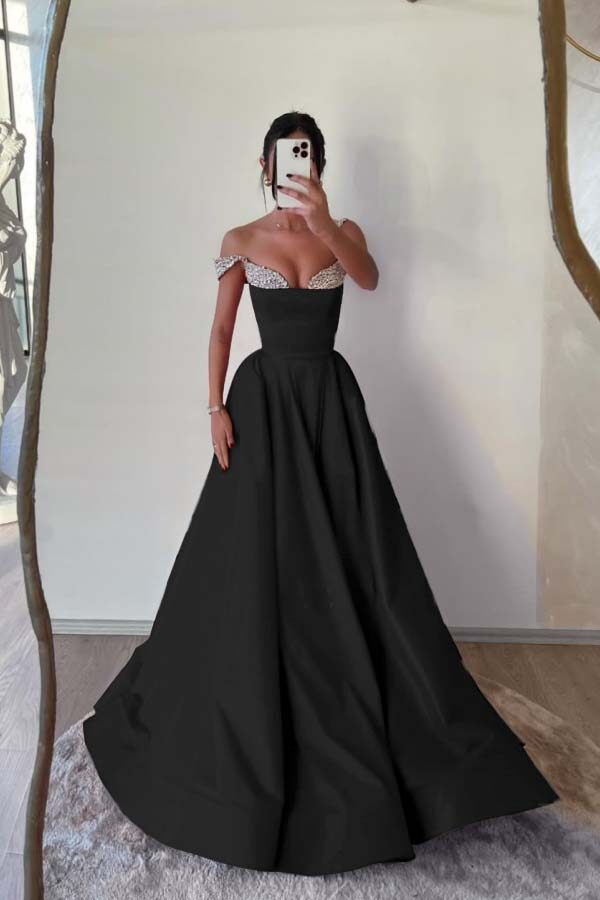Off the Shoulder Sleeveless Long Prom Dress With Beading Pleated