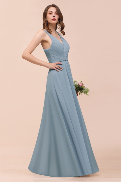 BMbridal Elegant V-Neck Ruffle Dusty Blue Chiffon Bridesmaid Dresses Online-BMbridal