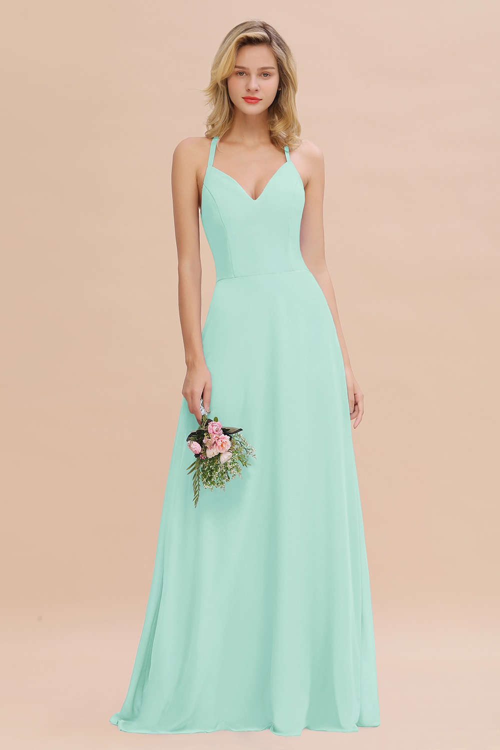 BMbridal Modest Halter V-Neck Sleeveless Long Bridesmaid Dresses Online-BMbridal