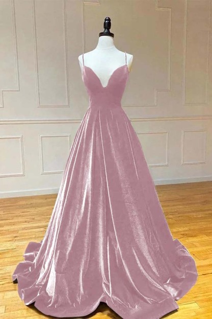 Spaghetti Strap V Neck Sleeveless Long Prom Dress With Pleated