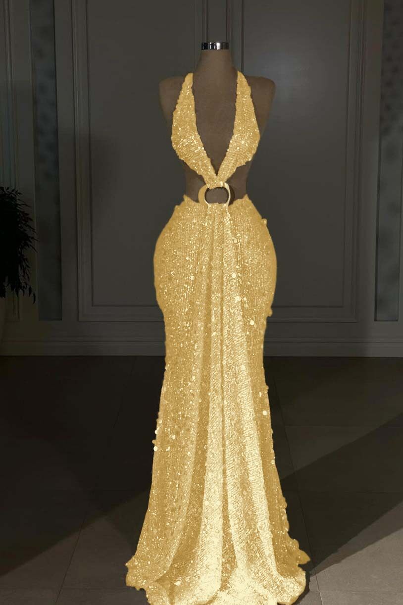 Halter Sleeveless Backless Long Mermaid Prom Dress With Sequins