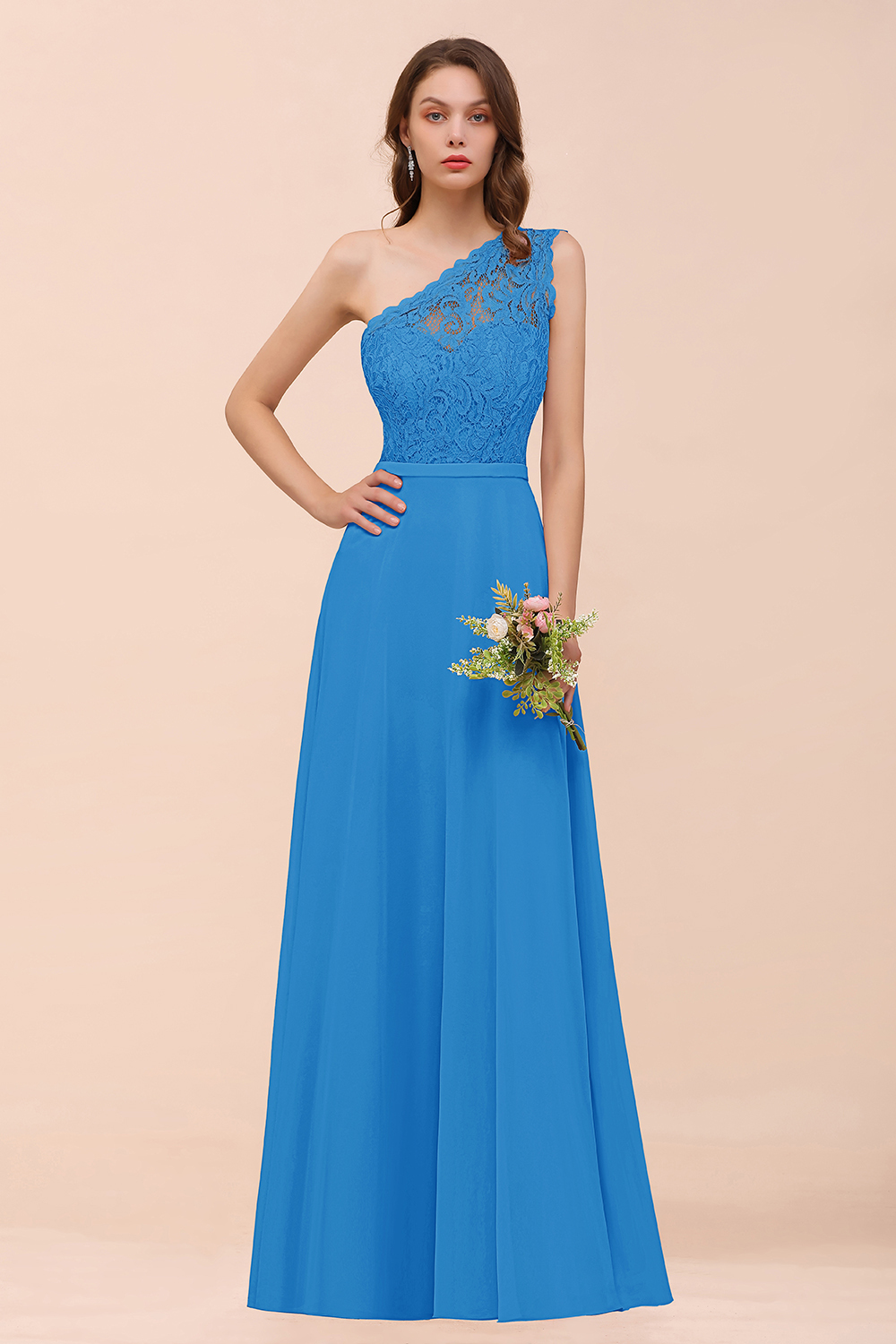 BMbridal New Arrival Dusty Rose One Shoulder Lace Long Bridesmaid Dress-BMbridal