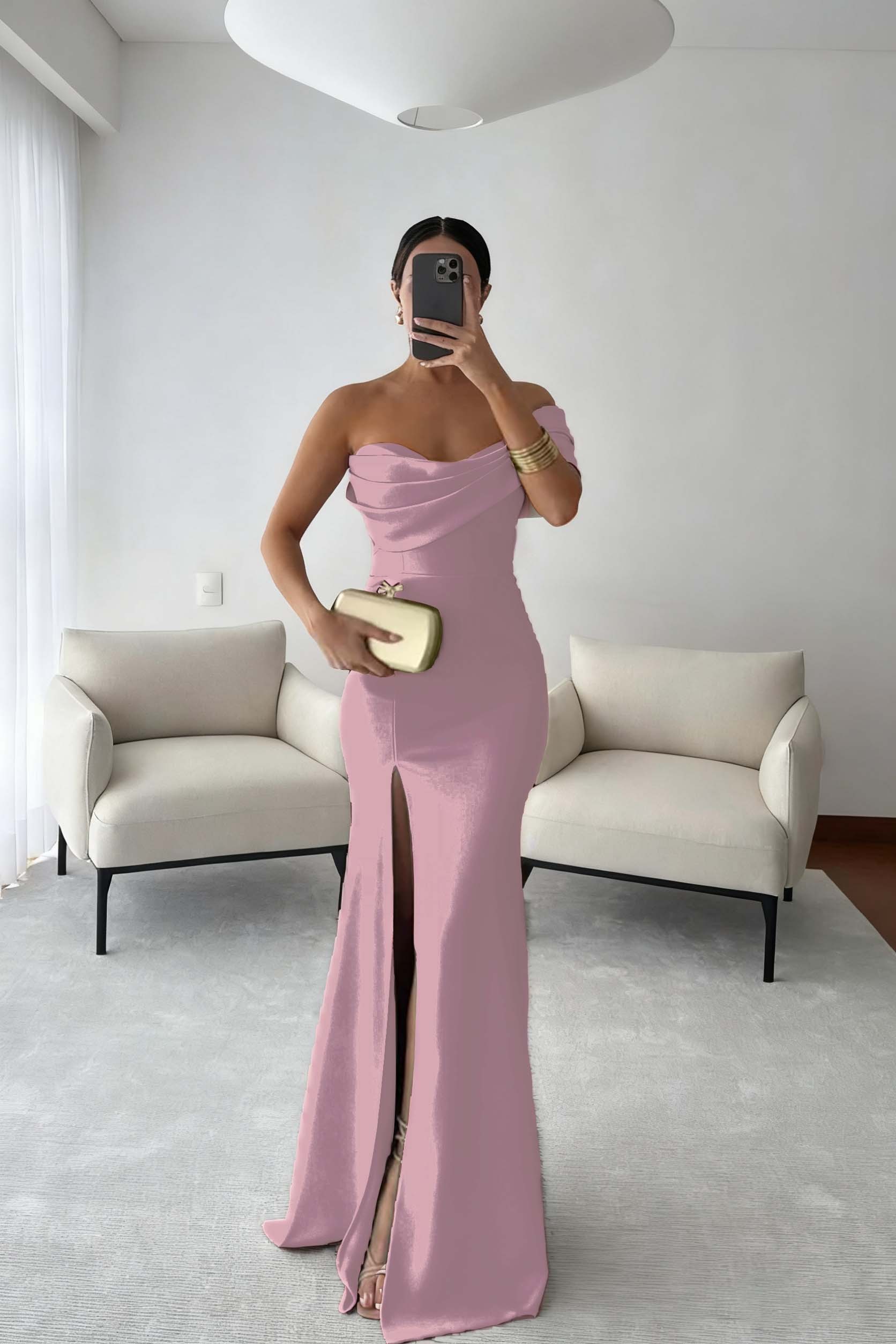 One Shoulder Sleeveless Long Mermaid Prom Dress With Split Pleated