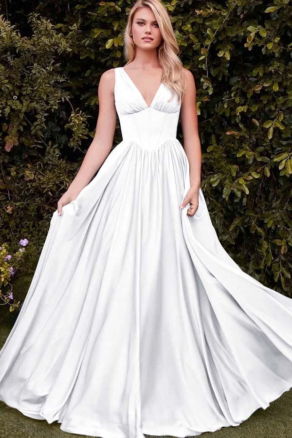 Straps V Neck Sleeveless Long A Line Prom Dress With Pleated