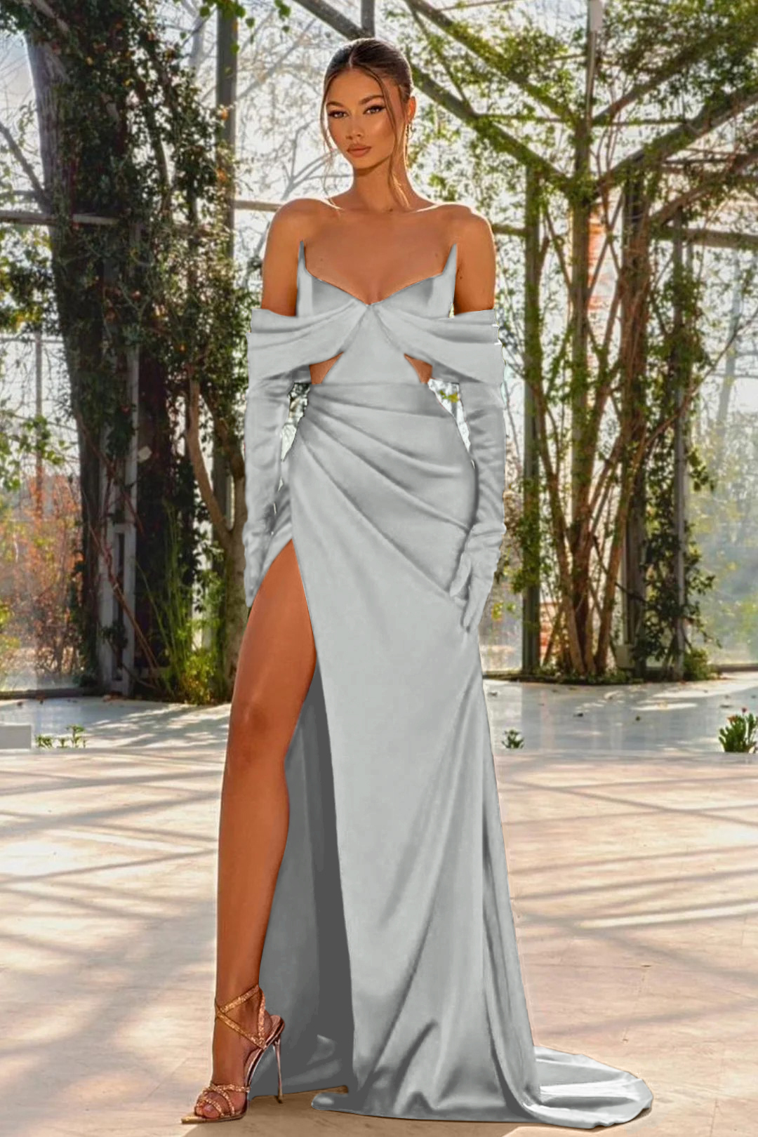 Off the Shoulder Prom Dress Red Half Sleeves With Slit Pleated Gloves