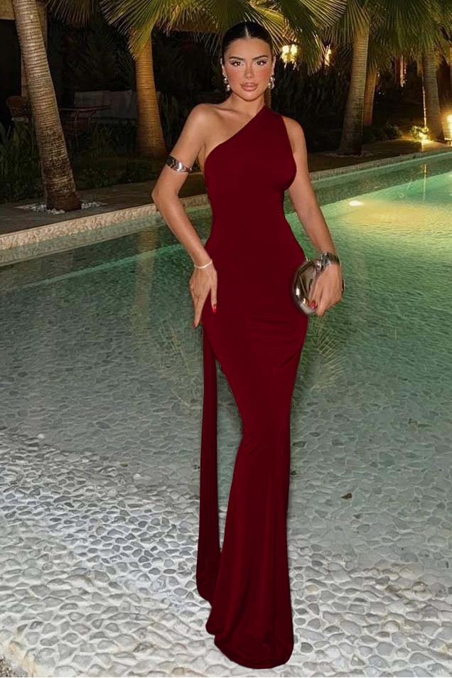 One Shoulder Sleeveless Mermaid Long Prom Dress With Ruffles