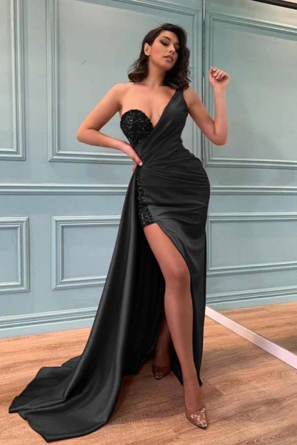 High Split One Shoulder Sleeveless Pleated Long Red Prom Dress With Sequins