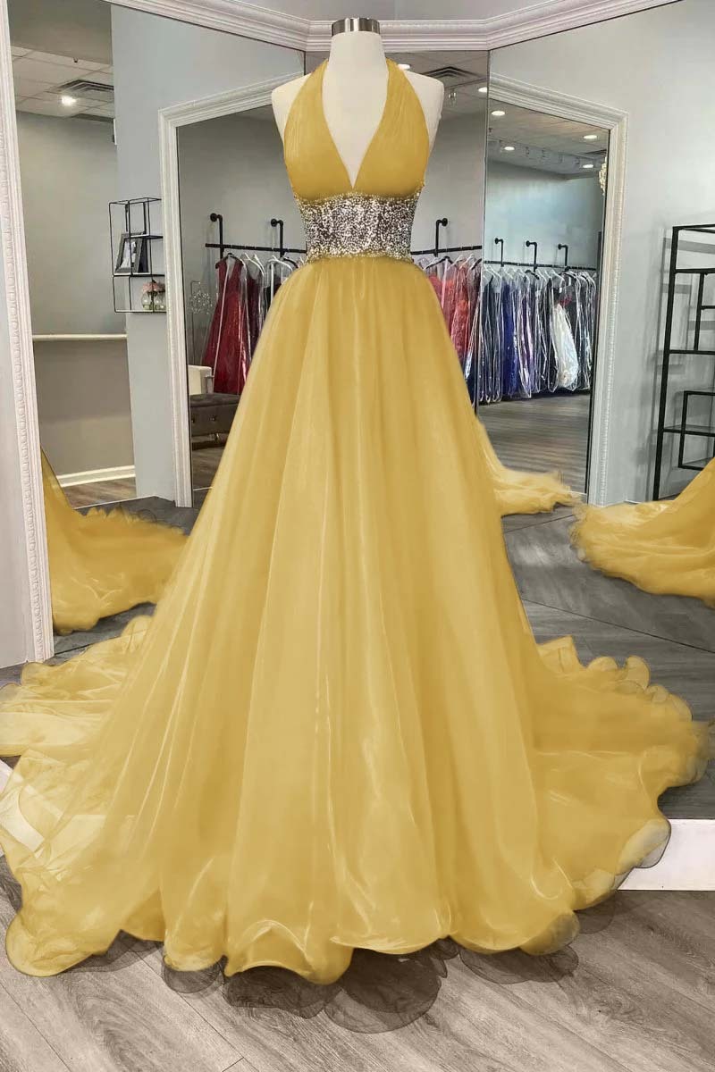 Halter Deep V Neck Sleeveless Long Prom Dress With Beading Ruffle