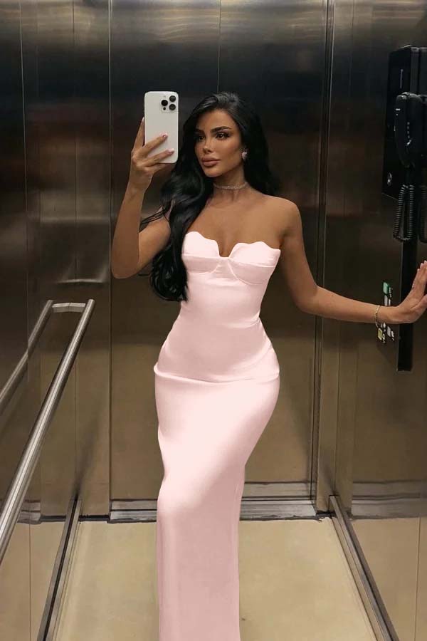 White Strapless Sleeveless Long Mermaid Prom Dress With Pleated