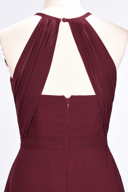 BMbridal Modest Chiffon Jewel Ruffle Burgundy Long Bridesmaid Dresses Online-BMbridal