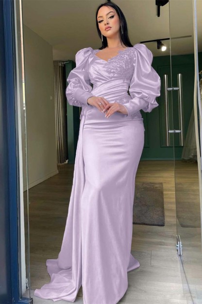 Long Puff Sleeves Pleated Mermaid Split Prom Dress With Appliques Ruffles