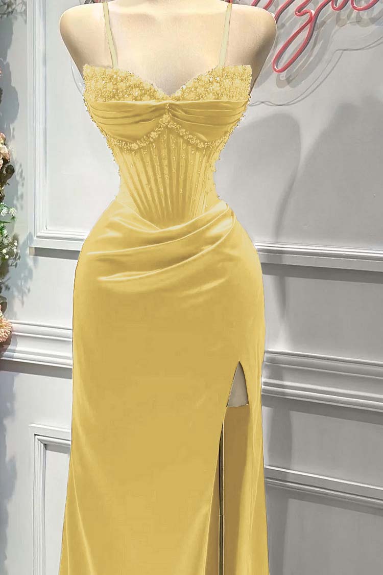 Red Spaghetti Strap Sleeveless Beading Long Prom Dress With Split