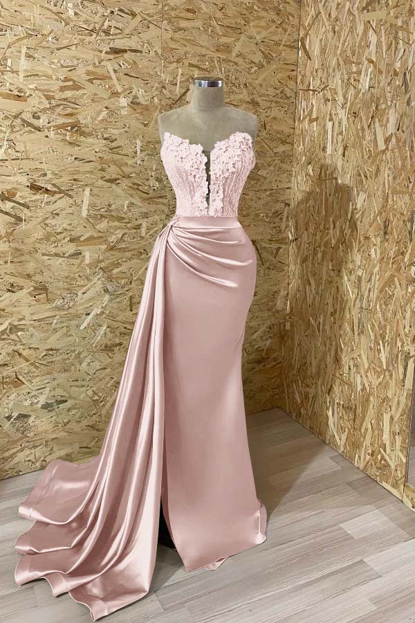Sleeveless Strapless Mermaid Prom Appliques Dress With Split