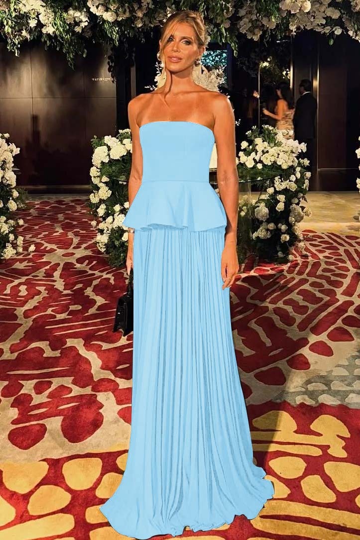 Black Sleeveless Strapless Long Prom Dress With Pleated Ruffles