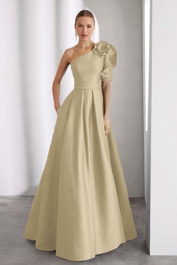 One Shoulder Sleeveless Long A Line Prom Dress With Pockets