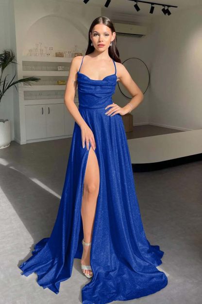 Halter Sleeveless Long Split Prom Dress With Pleated Sequins