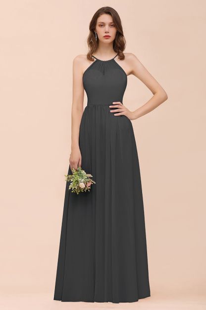 BMbridal Gorgeous Chiffon Halter Ruffle Affordable Long Bridesmaid Dress-BMbridal