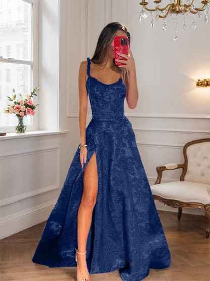 Hot Pink A Line Floral Long Prom Dress with High Slit